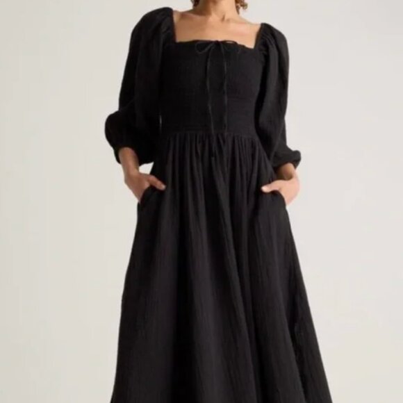 Quince Dresses & Skirts - Quince Dress L Black Organic Cotton Gauze Smocked Midi Puff Sleeve Lined Gauzy